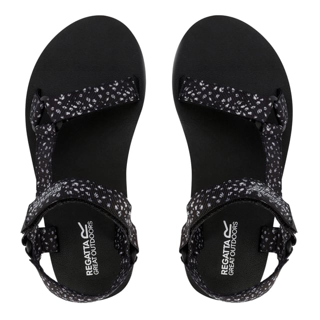 Regatta Womens/Ladies Lady Vendeavour Polka Dot Sandals (Black/White) Upper: Synthetic. Outsole: Synthetic. Fabric Technology: Water Repellent. EVA Footbed. Flat Heel. Design: Logo, Polka Dot. Toe Style: Open. Fastening: Hook And Loop Strap.
