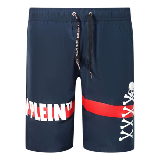 Philipp Plein TM Skull And Bones Navy Swim Shorts. Be bold in the Philipp Plein TM Skull And Bones Navy Swim Shorts, make a statement this season as you lounge in style and comfort. The perfect choice for a sunny day at the beach or pool!. Elasticated Waistband, Philipp Plein TM Skull And Bones Navy Swim Shorts. Branded Drawstring Fasten. Long Boardshort Style, 100% Polyester. Product Code - CUPP11L01 85