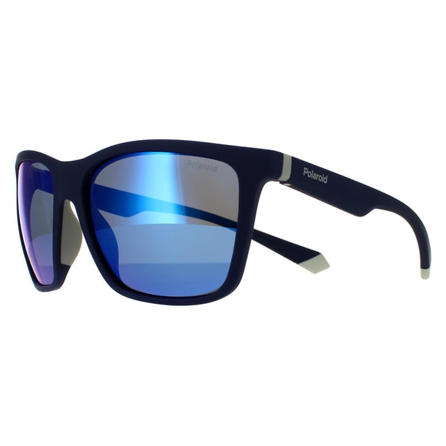 Gafas de sol Polaroid Rectangulares para Hombre en Azul Grisáceo con Espejo Azul Polarizado. Las Polaroid son un estilo rectangular ligero con una marca Polaroid de colores contrastantes en las patillas que hacen juego con las puntas de las patillas.
