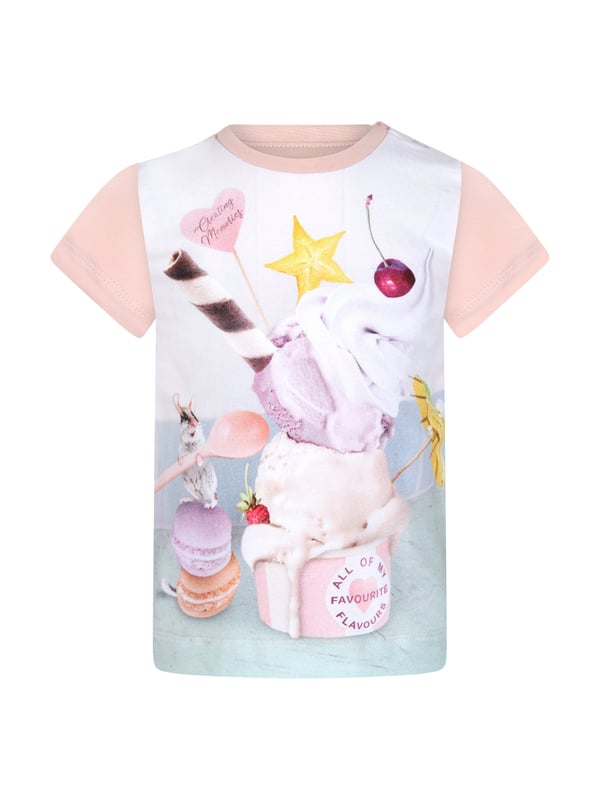 Curate a stylish wardrobe for your little lady with this fun tee from Molo. Made from cotton-rich jersey with elastane for a comfortable fit, it has short-sleeves, a round neckline and press-studs at the shoulder for easy changing. Finished with a lovely ice cream print and little mouse on macaroons!