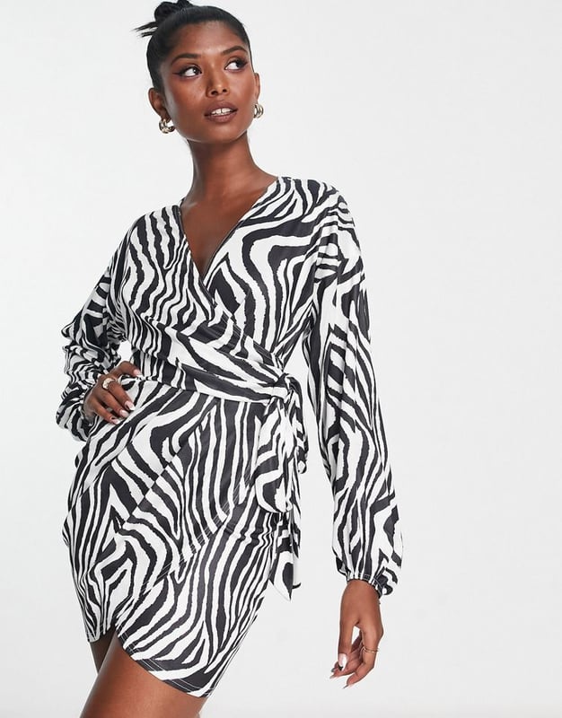 ASOS DESIGN blouson sleeve slinky wrap mini dress in zebra print-Multi