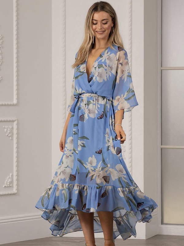 Yumi Floral Print Kimono Midi Wrap Dress