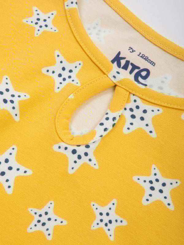 95% organic cotton 5% elastane | Proud to be certified to the Global Organic Textile Standard (GOTS) | Super starfish all-over print | Soft butter yellow | Single jersey with a little bit of stretch (180-190 gsm) | Below the knee length | Cap sleeves | Round neck with keyhole opening | Made in Turkey | Machine washable at 40 degrees, or at 30 degrees to be kinder to the planet