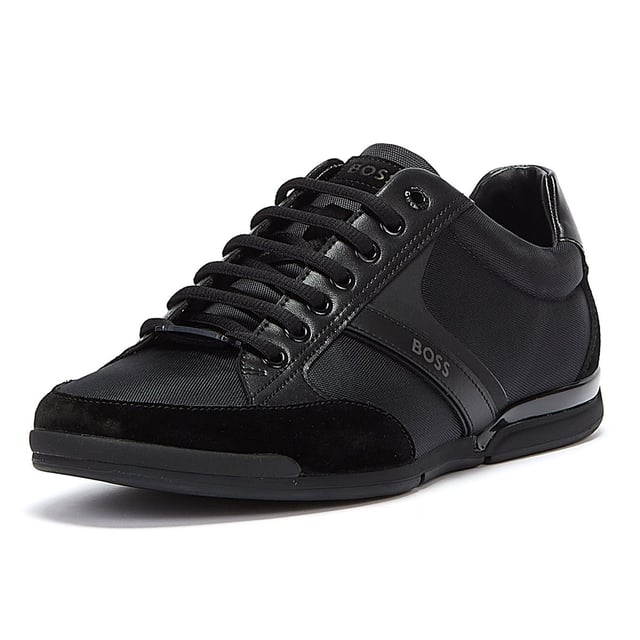 BOSS Saturn Low Mix Mens Black Trainers Mixed-material trainers by BOSS. Branded throughout for signature appeal, these trainers are crafted from a combination of suede, faux nappa leather and nylon for hybrid styling. Thermo-bonded details add a modern touch, while moisture-managing lining provides reliable odour control.