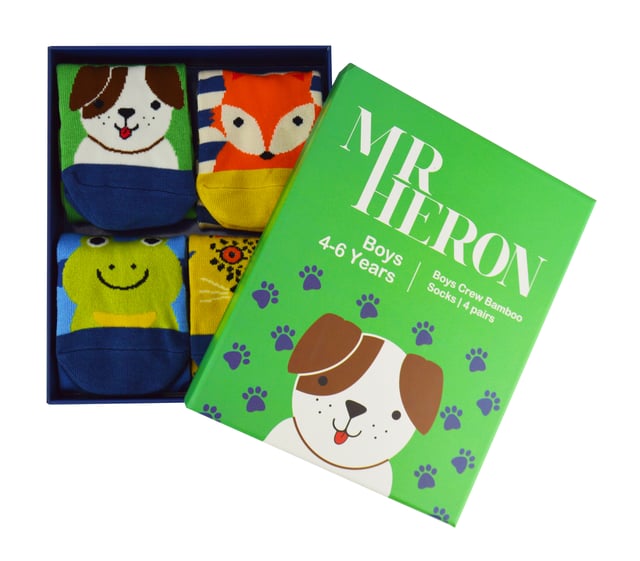 These boys' socks are so soft, they’ll never want to take them off! Mr Heron Boys 4 Pack Bamboo Animal Socks are a fun choice to add something unique to the sock collection of your little guy. These socks are made of bamboo, which makes them super soft and comfortable to wear as well as being naturally hypoallergenic antibacterial so there's no risk of irritation or itching. Perfect for sensitive skin! Not only are these socks super soft but they come packaged in a beautifully crafted gift box which is designed differently for each size and each box features four different animals which include: Dogs, Leopards, Frogs & Foxes all with bright and funky patterns like stripes and spots! Miss Sparrow prides their products on the philosophy of making your feet feel fabulous all year round. Whether it's their chic and stylish products, they bring you unique, exciting and fashionable accessories, full of individuality to give you the confidence to be you. These socks in a gift box come with 4 animals per pack and are made from 54% Bamboo, 22% Cotton, 16% Polyester, 6% Nylon, 2% Elastane. They come in 3 Kids Sizes: 2-3 Years, 4-6 Years & 7-9 Years and are Machine washable under 40. Do not dry clean. Do not iron. Do not bleach.