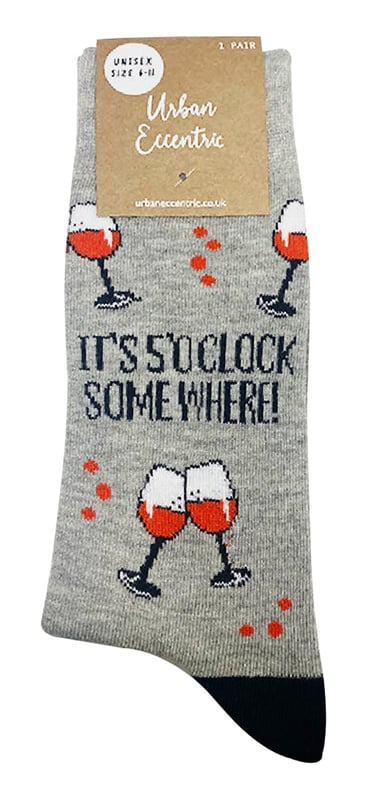 Wine Lovers rejoice! If you love a glass of wine at the weekend, you'll love these socks. The socks feature a “It’s 5 O’Clock Somewhere” phrase and come with wine glass patterns on these Urban Eccentric novelty socks. They are made from cotton rich fibres, so they are super soft and comfortable to wear on your feet as well standing out from the crowd with its bright funky colours and fun design which will grab the attention of anyone. The wine patterns are printed all over the sock, so no matter which way you wear them, the design will always be visible. Even if you’re looking for an extra Christmas gift, Birthday present or even a stocking filler, these socks would be ideal. They come in Ladies one size 4-8 UK, so they will fit most women's feet All of the Urban Eccentric products are produced for comfort and quality. They aim to reduce our impact on the environment as much as they possibly can, that's why Urban Eccentric are constantly redeveloping our processes and packaging to get as much recycled as possible. These brand of socks value humour, original designs, having fun and high quality production! These socks are available in Grey with Wine patterns and the phrase “It’s 5 O’Clock Somewhere” and come in Ladies One Size 4-8 UK. They’re made from 55% Cotton, 25% Polyamide, 18% Polyester, 2% Elastane and are Machine Washable.