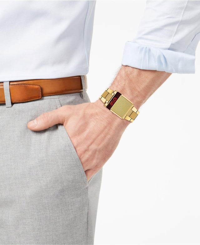 This Bulova Computron Digital Watch for Men is the perfect timepiece to wear or to gift. It's Gold  Rectangular case combined with the comfortable Gold Stainless steel watch band will ensure you enjoy this stunning timepiece without any compromise. Operated by a high quality Quartz movement and water resistant to 3 bars, your watch will keep ticking. Infusing some of Bulova’s most iconic and nostalgic timepieces with modern elements, the Archive Series continues with the digital LED Computron -The watch has a calendar function: Day-Date, Dual Time High quality 21 cm length and 22 mm width Gold Stainless steel strap with a Fold over with push button clasp Case measurement: 31x35 mm,case thickness: 13 mm, case colour: Gold and dial colour: Black