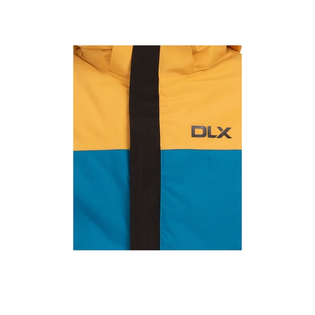 Outer Materials: 100% Polyester. Fabric: DLX. Filling: Down-Touch, Polyester. Lining: Polyamide, Polyester. Design: Colour Block, Text. Contrast Zip, Detachable Snowskirt, Underarm Zips. Neckline: Hooded. Cuff: Inner Stretch, Touch Fastening Tab. Sleeve-Type: Long-Sleeved. Hood Features: Detachable Hood. Pockets: 2 Lower Pockets, Double Entry, Ski Pass Pocket, Zip. Fastening: Full Zip, Water Repellent Zip. Hem: Drawcord.