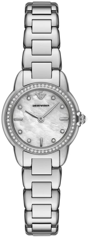 This Emporio Armani Mia Analogue Watch for Women is the perfect timepiece to wear or to gift. It's Silver 26 mm Round case combined with the comfortable Silver Stainless steel watch band will ensure you enjoy this stunning timepiece without any compromise. Operated by a high quality Quartz movement and water resistant to 5 bars, your watch will keep ticking. Elegant and fashionable watch that is suitable for the daily life of every Women. High quality 19 cm length and 13 mm width Silver Stainless steel strap with a Deployment clasp Case diameter: 26 mm,case thickness: 7 mm, case colour: Silver and dial colour: Mother of pearl
