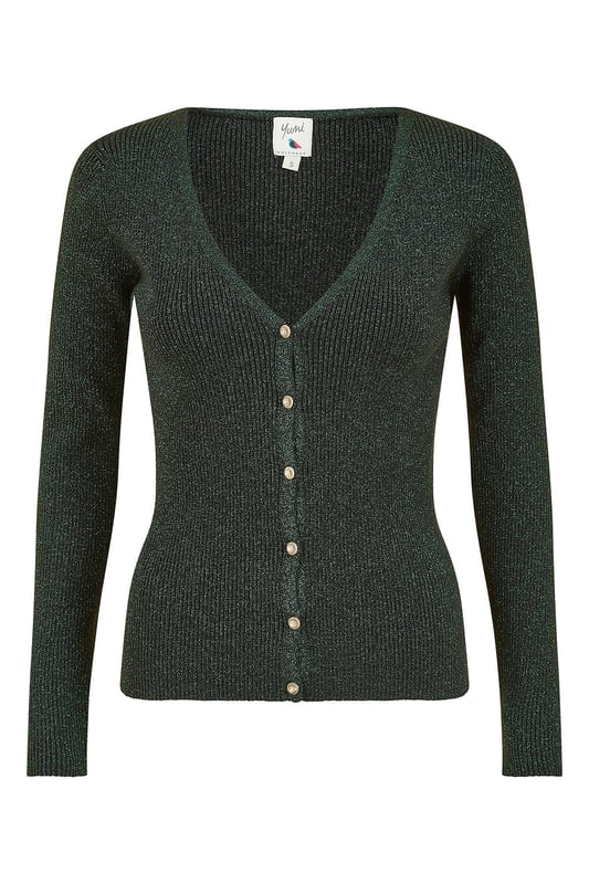 Inject a little glimmer into your life with this cute cardigan from Yumi. With a ribbed knit that offers a lovely fit to the body, V neckline fitted sleeves and gorgeous sparkle buttons - all in a lovely forest green colour that shines in lurex. Wear over a little black dress for parties, or style with skinny jeans and boots for a more casual occasion.