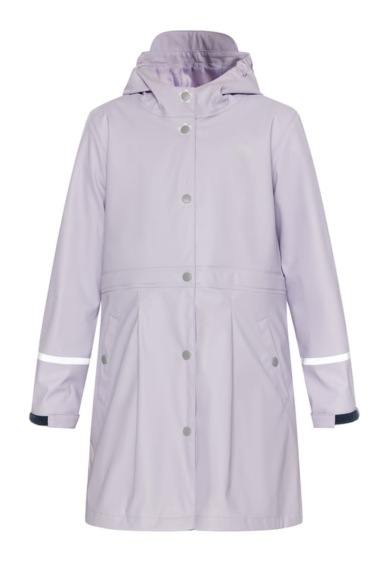 Beschichtung: 100 % Polyurethan; Material der Fliege: 100 % Polyester; keine Kordel/Zugschnur; Obermaterial: 100 % Polyester.  Dieser Regenmantel von Schmuddelwedda beweist, dass praktische Kleidung nicht nur hübsch, sondern auch nachhaltig sein kann. Das hochwertige, recycelte Material ist dank Beschichtung absolut wasserdicht und auch die Nähte sind so fest versiegelt, dass keine Nässe durchkommt. Kleine Falten auf der Vorderseite und eine große Kellerfalte mit Schleife auf der Rückseite setzen ebenso zauberhafte Akzente wie die verspielten Blümchendruckknöpfe und die lichtreflektierenden Logo-Prints.  Regenmantel