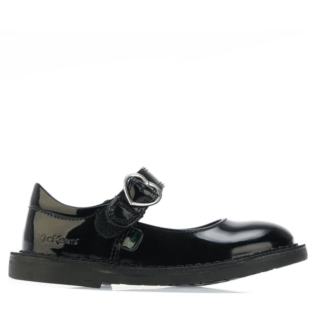 Infant Girls Kickers Adlar Heart Patent Shoe in black.- Leather upper.- Hook & loop strap fastening.- Branded tab and Kickers' debossed detailing at the heel.- Silver tone heart buckle.- Rubber sole.- Ref: 116240