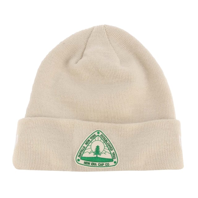 Mens New Era Cuff Knit Beanie Hat in beige.- Turned hem.- Knitted.- Embroidered branding.- 60% Polyester  40% Acrylic.- Ref: 60424745
