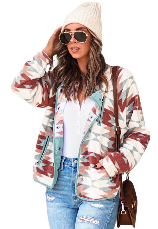 Stylish and trendy Red Western Aztec Buttoned Zipper Pockets Fleece Jacket
  Vibrant red color adds a pop of color to any outfit
  Western-inspired design with Aztec details
  Buttoned closures and zipper pockets for added functionality
  Made from soft and cozy fleece material
  Perfect for cooler weather
  Versatile addition to your wardrobe