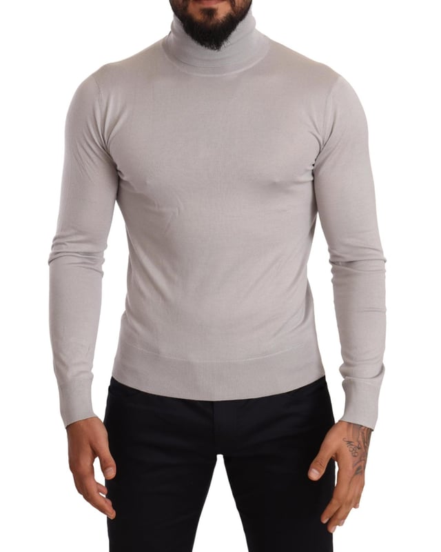 Brand: DOLCE & GABBANA
  Style: Turtleneck sweater
  Material: 70% Cashmere 30% Silk
  Design: Ribbed trims slips on easily
  Knit: Mid-weight
  Color: Light Gray
  Made in Italy
  Logo details
Material: 70% Cashmere 30% Silk