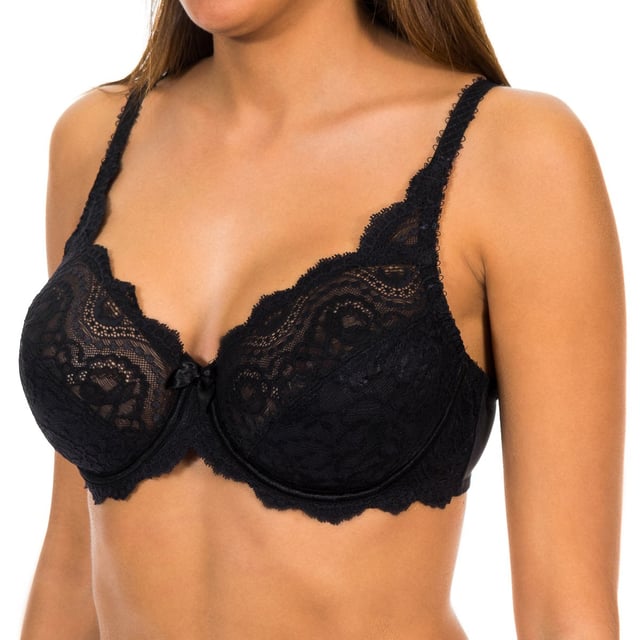Playtex brand bra.
 Made of elastic lace, for an ultra feminine and refined style.
 Underwired bra.
 Cups without foam.
 Elastic and adjustable straps.
 Back closure with four-position hooks.
 Bow decoration at the center of the neckline.
 Elastic lace sides.
 Seams seen in tone.
 Composition: 57% Polyamide, 21% Polyester, 12% Elastane, 10% Cotton
 Care:
Handwash.
 Do not use bleach.
 Do not use dryer.
 Do not iron.
 Do not dry clean.