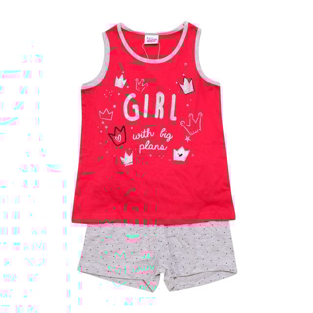 Short summer pajamas for girls from the Tobogan brand.
 Pajamas in cotton fabric consisting of two pieces, t-shirt and pants.
 Soft and breathable fabric.
 Wide-strap T-shirt with central print.
 Round neck.
 Printed shorts.
 Elastic waist with adjustable drawstring for greater support.
 Seams seen in tone.
 Composition: T-shirt: 100% Cotton; Pants: 98% Cotton, 2% Viscose
 Care:
Machine wash maximum at 30º.
 Do not use bleach.
 Do not use dryer.
 Iron maximum at 110º.
 No dry cleaning.
 Use neutral detergents.
 Do not squeeze.
 Dry on the shadow.