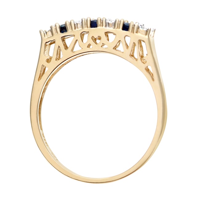 9K (375) geel goud: 2 gram; # Diamant: 0,02 ct; # Saffier: 0,15 ct