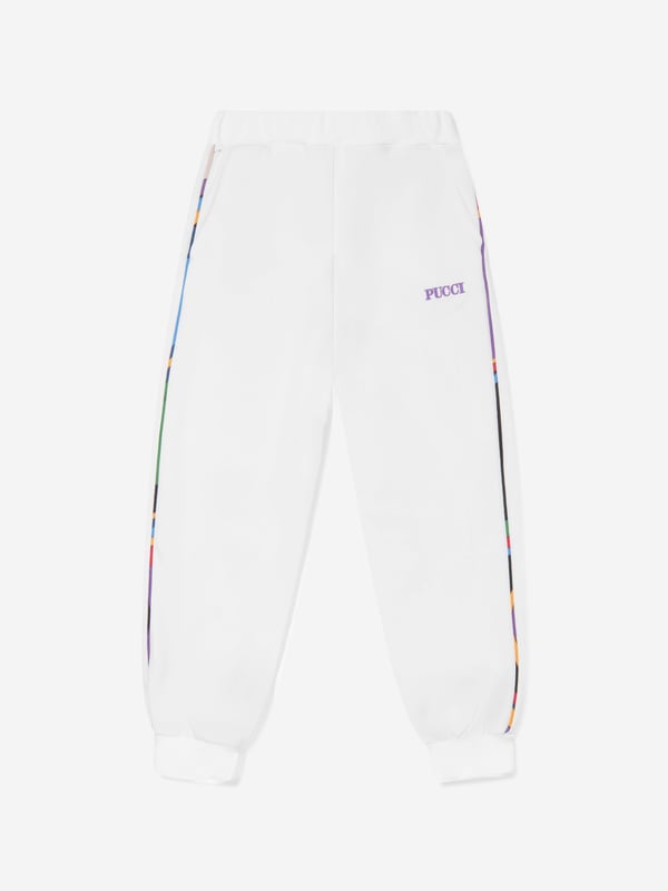 Emilio Pucci embody innovation and timeless luxury in their beautifully crafted designs. These girls ivory joggers are depicted in cotton jersey with an elasticated waistband, back 60s swirl multicolour print pocket and contrast 60s swirl trim. Complete with PUCCI printing and side pockets. She will look effortlessly up to date. ‚ Ribbed Cuffs/Hem ‚ 100% Cotton