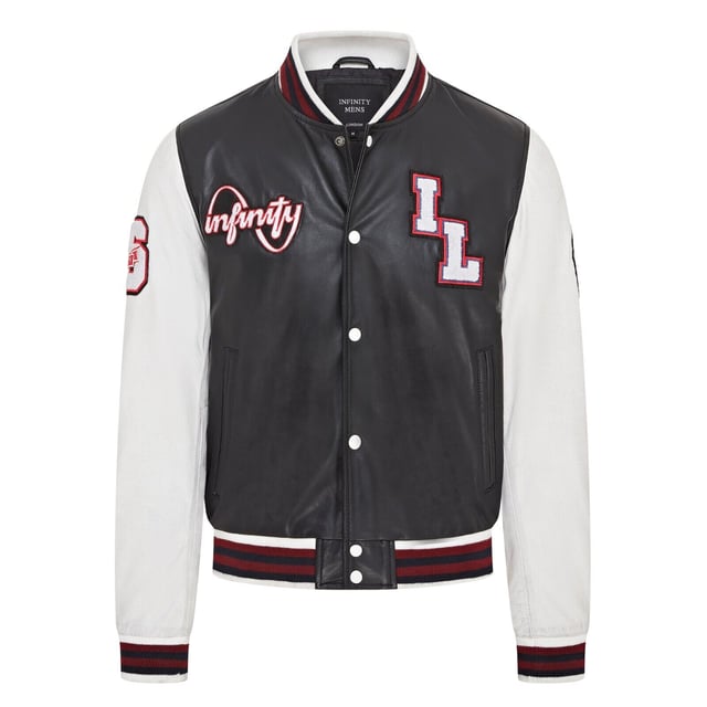 Introducing the Men's Baseball Leather Jacket, a perfect blend of classic varsity style and modern craftsmanship. This letterman bomber jacket features contrasting sleeves and a striped knit ribbed collar, waistband, and cuffs for a timeless athletic look. The press studs front closure and embroidered brand logo patches on the chest and sleeves add a touch of authenticity and flair. Designed with practicality in mind, it includes two jet pockets at the waist and two inside welt pockets for your essentials. The panelling to the back of the jacket ensures a tailored fit and superior comfort.

Contrasting sleeves for a stylish look
Striped knit ribbed collar, waistband, and cuffs for a classic finish
Press studs front closure for easy wear
Embroidered brand logo patches on the chest and sleeves for added detail
Two jet pockets at the waist and two inside welt pockets for convenience