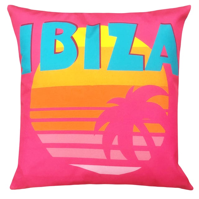 Transport yourself to Ibiza with this abstract outdoor cushion. A bright and bold cushion, with the focal point being the Ibiza slogan. Mix and match with other cushions from the collection, pop them in your outdoor space and make a statement.