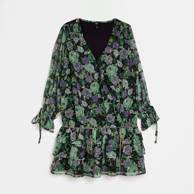 Petite collection, Floral print, Chiffon fabric, Frill detail, Belted, V-neck, Long sleeves, Tie cuff detail, Mini length, Our model wears a UK 8 and is 161.5cm/5’3” tall