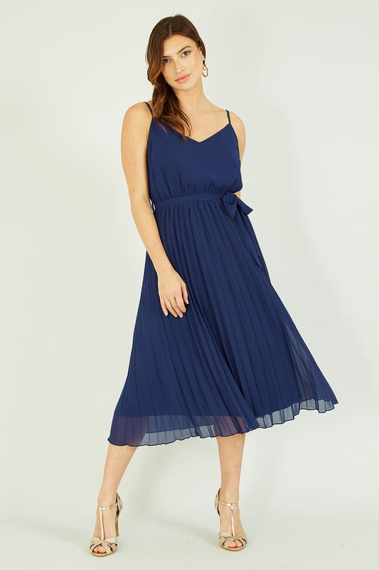 Mela Navy Pleated Strappy Midi Dress