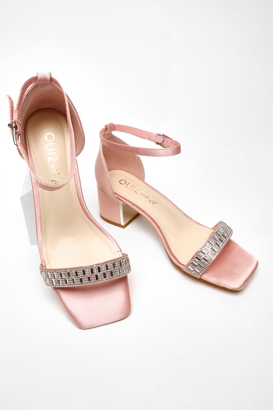 Wide Fit Pink Satin Diamante Low Block Heeled Sandals