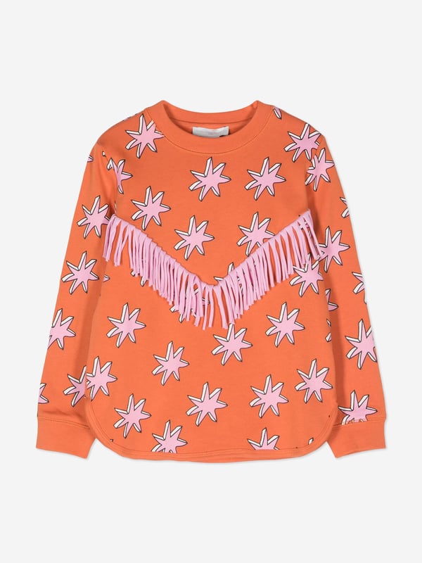Introducing the Girls Fringed Sweatshirt in Orange from Stella McCartney‚n AW2024 essential. This designer piece promises both flair and comfort. Key features:  **Vibrant Orange Hue**: Bright and eye-catching, perfect for lifting spirits during cooler months.   **Delightful Fringes**: Adds a fun, whimsical touch, enhancing movement and style. **Stella McCartney Craftsmanship**: Expect nothing less than luxury and durability with meticulous attention to detail.revitalise her wardrobe with this exquisite statement sweatshirt. Comfort meets high fashion‚let her shine in Stella McCartney!