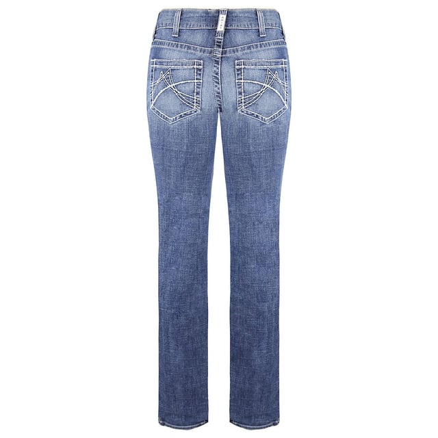 Rider tested and thoughtfully engineered, this mid rise, slim fitting jean features a stackable straight leg and performance stretch denim for added comfort that holds its shape and flatters yours. 
Straight through waist
Mid rise
Stackable straight leg
9.75 oz performance stretch denim
Medium wash with embroidery on back pocket
Waistband that won't gap
A seat that won't sag