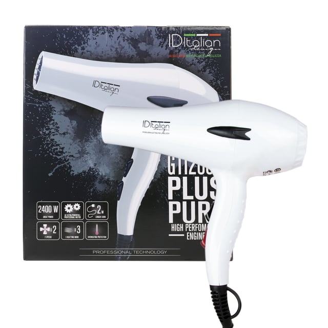 Ref. IDEGTIPUREPLUS
DESCRIPCIÓN Secador de color blanco.

Características técnicas: 
Motor AC de larga duración.
2200W de potencia.
Selector de 3 modos de calor.
Selector con 2 velocidades.
Botón de aire frío.
Protección para evitar sobrecalentamiento.
Incluye 1 boquilla.
Gancho para colgar.