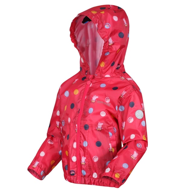 Material: 100% Polyester. Lining: Comfort, Mesh, Polyester, Taffeta. Fabric: Hydrafort. Design: Badge, Cartoon, Crest, Polka Dot. Trim: Reflective. All-Over Print, Lined, Printed Name label, Taped Seam. Fabric Technology: DWR Finish, Waterproof. Cuff: Elasticated. Neckline: Hooded. Sleeve-Type: Long-Sleeved. Hood Features: Elasticated, Grown On Hood. Length: Hip Length. Pockets: 2 Lower Pockets. Fastening: Zip. Hem: Elasticated. 100% Officially Licensed. Characters: Peppa Pig.