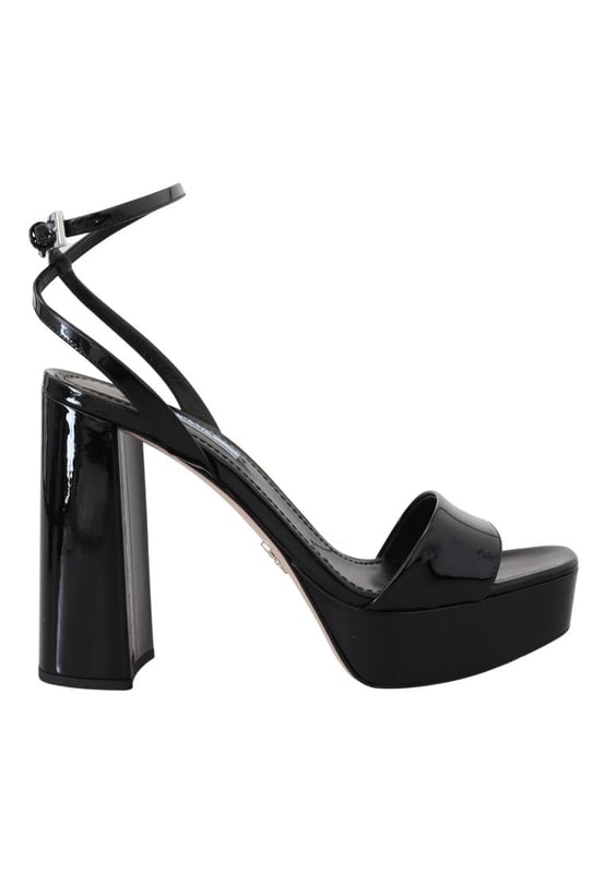 靴 PRADA Leather Strap Heels Prada Women's Black Patent Sandals Ankle Strap Heels Leather