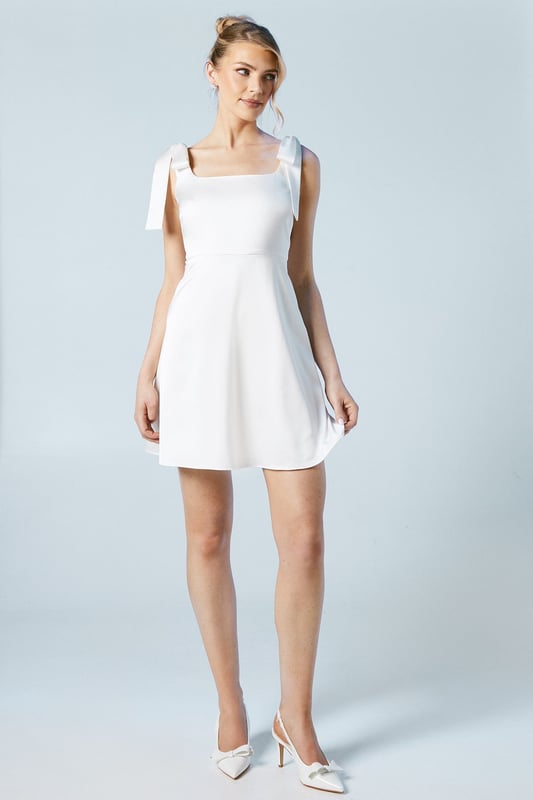 Tie Shoulder Satin Bridal Mini Dress
