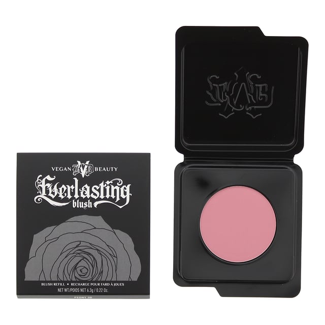 KVD Everlasting Refill Blush is a high-quality blush formula that delivers long-lasting, vibrant color to your cheeks. This refillable blush is part of the KVD Everlasting Blush collection, known for its exceptional pigmentation and smooth application. The blush is finely milled and blends effortlessly onto the skin, providing a soft and natural-looking flush of color. It is available in a range of shades to suit different skin tones and preferences, from subtle neutrals to bold and vibrant hues. Whether you prefer a soft, romantic glow or a bold pop of color, the KVD Everlasting Refill Blush has options to help you achieve your desired look. The formula is buildable, allowing you to customise the intensity of the blush. Whether you prefer a sheer wash of color or a more dramatic effect, you can easily layer the product to achieve your desired level of pigmentation. The blush has a velvety texture that blends seamlessly into the skin, leaving a smooth and flawless finish.  Not only does the KVD Everlasting Refill Blush provide beautiful color, but it is also formulated to be long-lasting. The blush stays put throughout the day, resisting fading or smudging, so you can enjoy a fresh and radiant look for hours.