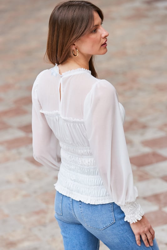 REASONS TO BUY:

We predict compliments
Stylish - and super-comfy - shirred bodice
Stunning sheer neckline and blouson sleeves
Frill trims amplify the romance
Take jeans and a nice top to new levels
Add sparkly earrings for maximum impact