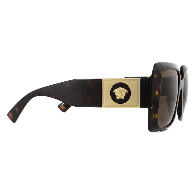 Versace Sunglasses VE4405 108/73 Havana Dark Brown are an oversized acetate design with bevel angled profiles and wide temples embellished with the new cut out metal plaque with 3D Medusa at the centre..