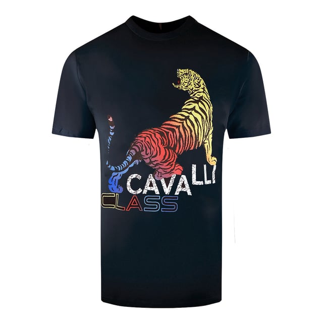 Mantengase elegante y seguro con esta camiseta negra con logo de la marca Cavalli Class. ¡Con un tigre multicolor, este comodo top mostrara tu sentido unico del estilo y dejara una impresion inolvidable! Cuello redondo, mangas cortas 100% algodon Ajuste regular, se ajusta a la talla real Camiseta negra