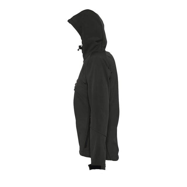 Breathable, windproof and water resistant. Shaped fit. Taped neckline. Hood with adjustable drawcord. Collar high full zip with inner storm flap and chin guard. Two front zip pockets and one right chest zip pocket. Tear release adjustable cuffs. Adjustable drawcord at hem. Drop tail. Access for decoration. Material: Stretch soft shell fabric has a 94% polyester/6% elastane outer, membrane and polyester fleece backing. Ladies size: S(8/10), M(12), L(14), XL(16), XXL(18).