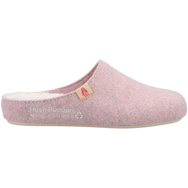 Hush Puppies The Good 90% Recycled RPET Polyester Women's Pink Slippers Proudly crafted from 90% Recycled polyester upper and lining. The Good Slipper is a must have this season with its super soft organic cotton sock and 100% recycled foam bed. Made with a durable natural rubber sole for added grip and extra comfort