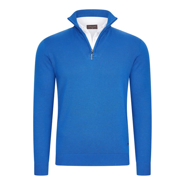 Jersey Cappuccino Italia con cremallera simulada para hombre. El jersey está confeccionado en 50% algodón y 50% poliéster y tiene un corte recto. El jersey tiene cuello camisero, que está cosido al jersey.  Marca: Cappuccino ItaliaNombre del modelo: Mock Pullover (con cuello camisero)Categoría: jersey de hombreMateriales: algodón, acrílicoColor: azul real, blanco