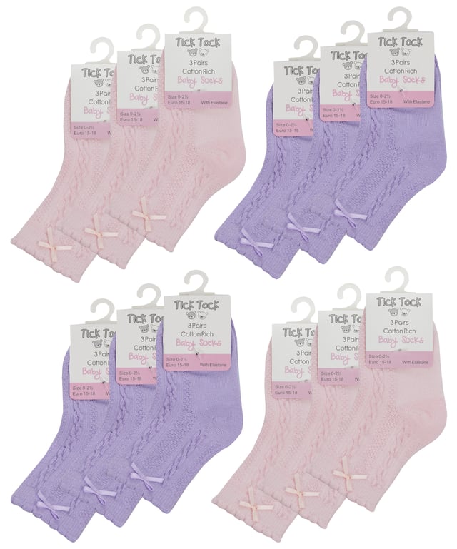 These baby girl cable knit socks are ideal for any little girl. A great gift idea, they come in a pack of 12 pairs, so you'll be able to keep them on hand for whenever you need them. These cute little socks feature an adorable chunky cable knit pattern and are made from a soft cotton rich material with a little bit of stretch for comfort and breathability throughout the day. We have 6 colours per pack: purple, yellow, mint, hot pink, baby pink and white! It's like a rainbow of socks for your baby girl to wear as she grows up. And each pair has a cute little bow on the top that adds some extra style to these classic cable knit socks. They're super soft and stretchy, so they'll stay comfy throughout the day. They're also machine washable and easy to care for. These baby socks come in 12 pairs, are made from 78% Cotton, 20% Polyester, 2% Elastane and come in 3 Baby Sizes: 0-6 Months, 6-12 Months, 12-24 Months. They are safely Machine Washable.