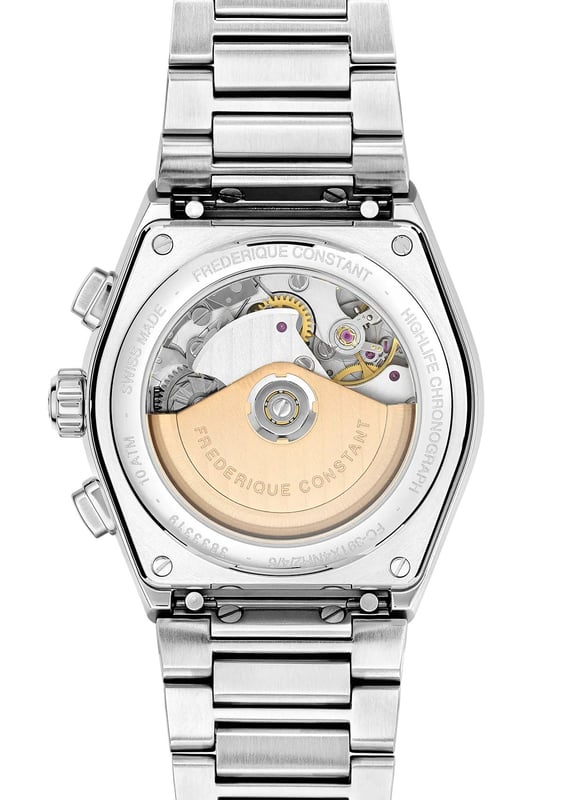 This Frédérique Constant Highlife Chronograph Automatic Chronograph Watch for Men is the perfect timepiece to wear or to gift. It's Silver 41 mm Round case combined with the comfortable Silver Stainless steel watch band will ensure you enjoy this stunning timepiece without any compromise. Operated by a high quality Automatic movement and water resistant to 5 bars, your watch will keep ticking. This watch has an automatic watch movement ( recharged by any movement with your wrist; never needs a battery). This Chronograph watch has a calendar function: Date, Swiss Made , Stop Watch, Luminous Hands and Luminous Numbers. Comes with an extra Black Rubber Strap High quality 21 cm length and 24 mm width Silver Stainless steel strap with a Deployment clasp Case diameter: 41 mm,case thickness: 11 mm, case colour: Silver and dial colour: Black