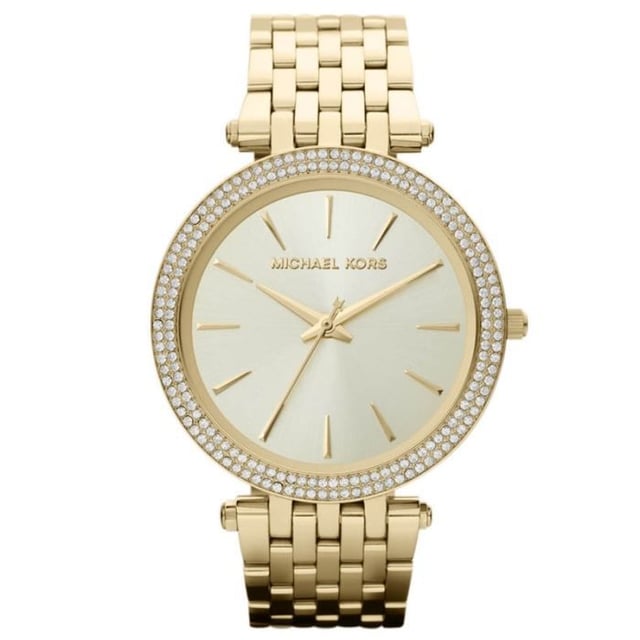 Shop Michael Kors MK3191 EAN 4051432739156. Pretty Designer Watch from the darci collection featuring an elegant champagne dial with a stone set bezel, slender gold baton hour markers and silver hands.