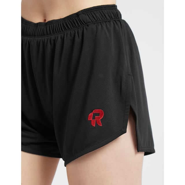 Created by women for women  Red Run are passionate about creating activewear that fits your body and lifestyle. Making sure you feel and look good whatever your day entails  Red Run use only the best in luxurious and breathable materials  ensuring you feel comfortable and confident with every step. They present to you the Inky Collection which includes the Running Shorts in black  the perfect activewear essential. Details: black colourway  polyester construction  attached interior shorts  elasticated waistband  split hem  short length  regular fit  tonal stitching and contrast branding to the leg to complete. This item is true to Red Run Brand sizing XS (UK 8) up to XL (UK 16).