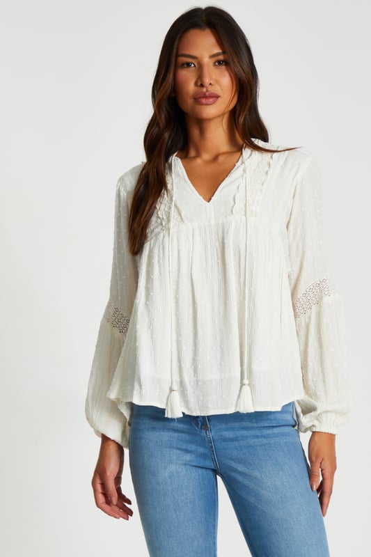 - Lace trim - Tie detailing - Long sleeves - Model height: 5' 7" - Model wears uk 8 / us 4 / eur 36 - Always check the care wash label. cool hand wash with mild detergent