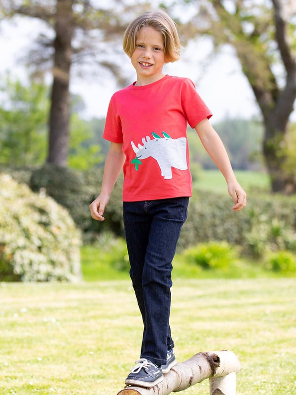 100% organic cotton | Proud to be certified to the Global Organic Textile Standard (GOTS) | Rhino and bird appliqué design | OEKO-TEX Standard 100 (Product class I) appliqué backing | Red | Single jersey (180-190 gsm) | Popper shoulder opening (up to and including size 3 years) | Short sleeved | Round neck | Made in Turkey | Machine washable at 40 degrees, or at 30 degrees to be kinder to the planet