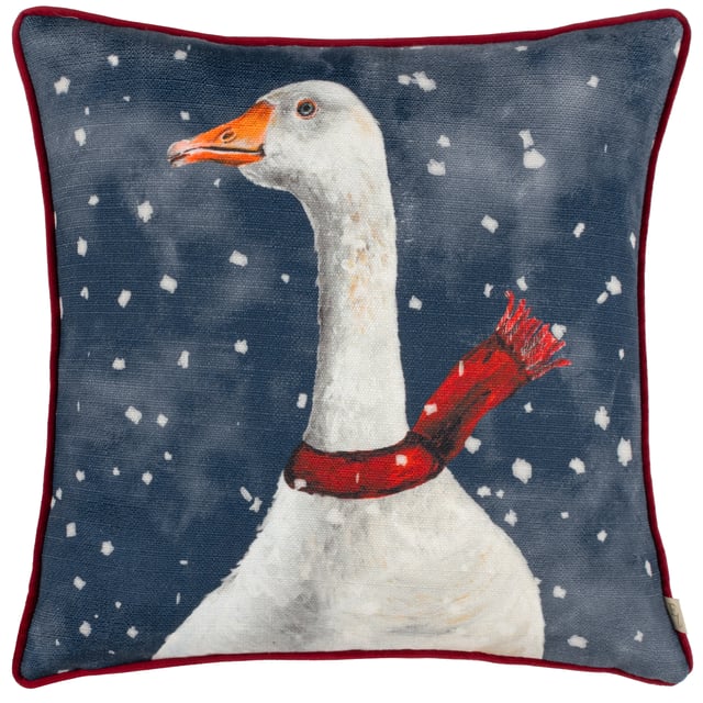 In typical realistic acrylic hand-painted, printed quality and rich colours, a Goose keeps warm in the falling snow by donning a winter scarf against a chilly navy blue background. A charming and playful cushion to put out during the holiday season while still preserving a rustic country sense to your home decor.