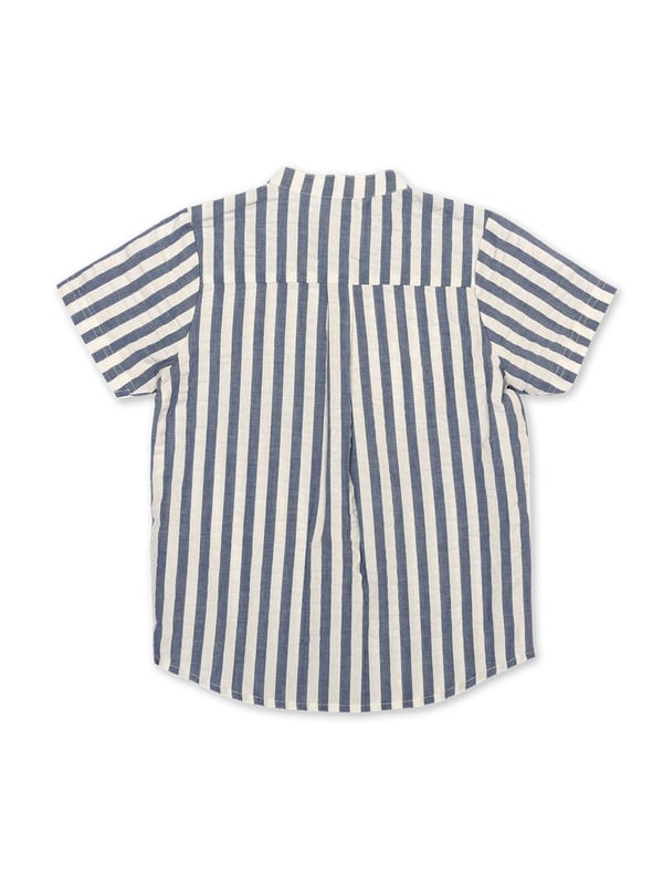 100% organic cotton | Proud to be certified to the Global Organic Textile Standard (GOTS) | Navy blue and cream stripe | Woven stripe fabric | Functional coconut button opening | Single front chest pocket | Short sleeved | Low cut standing collar | Made in India | Machine washable at 40 degrees, or at 30 degrees to be kinder to the planet