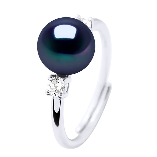 Ringsmycke - Äkta odlad sötvattenspärla rund 7-8 mm - Smycke Solitaire Cubic Zirconia - Silver 925 Rhodiumpläterad - FÄRG \"BLACK TAHITIAN STYLE\"- Storlek justerbar från storlek 48 till storlek 62 - Levereras i ask och med sitt äkthetscertifikat och internationella garanti - MADE IN FRANCE